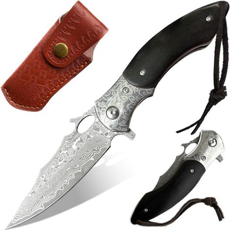 Damast Taschenmesser mit Holzgriff und Lederscheide, VG10 Stahl