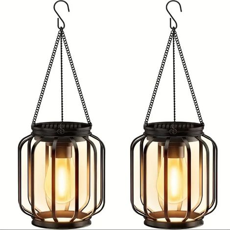 Lot de 2 lampes solaires suspendues/lanternes solaires extérieures en métal,avec chaîne et crochet.IP65 étanche–pour balcon,cour,etc (1/5)