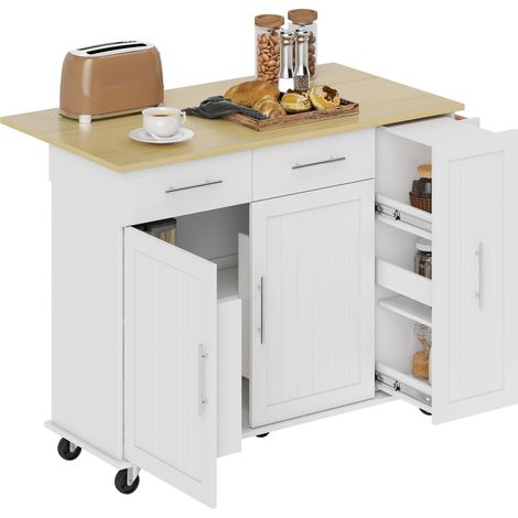 Îlot central de cuisine avec plateau rabattable, roulettes, 2 tiroirs, portes à fermeture douce et porte-serviettes, blanc (1/4)