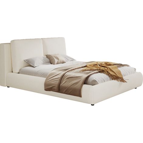 CHICFURN Cama doble 180x200 cm tapizada en tela bouclé beige con somier de láminas, cabecero acolchado ergonómico y alta estabilidad para dormitorio (1/5)