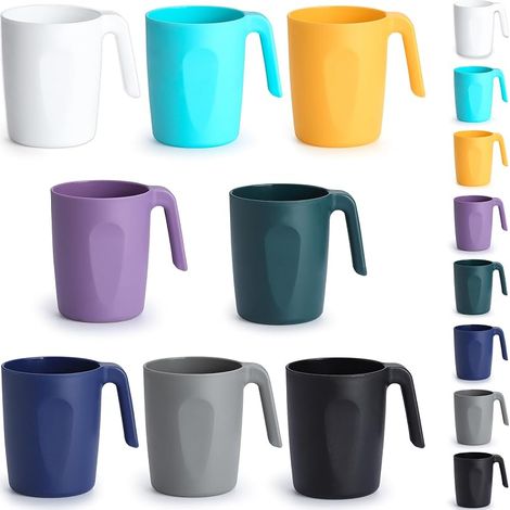 8er-Set Plastik-Kaffeebecher à 450 ml, mehrfarbig, mit Henkeln, wiederverwendbar, leicht zu transportieren, ideal für Zuhause, Garten, Picknicks und Camping (1/5)