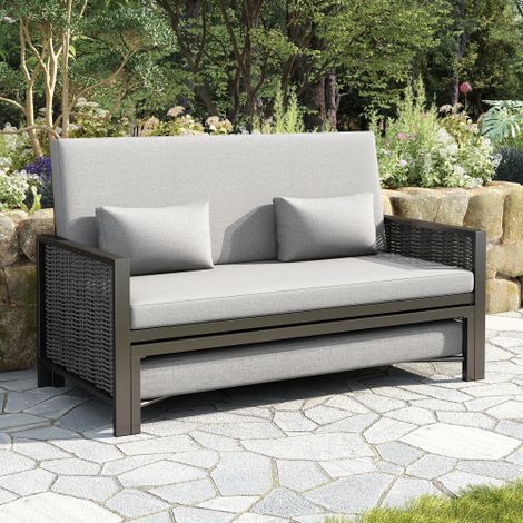 Gartenmöbel für 2 Personen, Gartensofa, Freizeitsofa, Outdoor-Liegebett, verstellbare Rückenlehne (5-stufig, 0-65°), versenkbare Fußstütze, grau