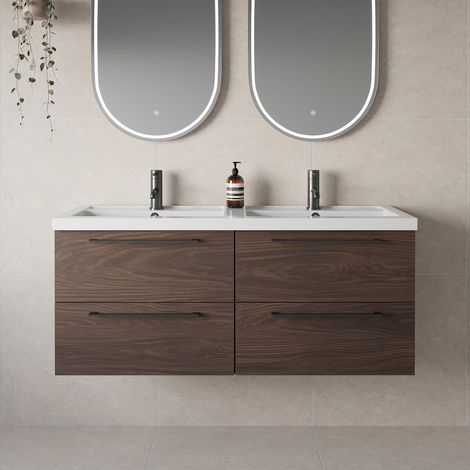 Napoli 390 Brown Oak 1200mm Wall Mounted 4 Drawer Vanity Unit with Double Lucia Basins - 1200mm - Gunmetal Grey 320mm Handle