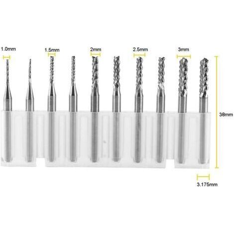 Jeu de 10 fraises rotatives hélicoïdales en carbure de tungstène pour usinage CNC, gravure et découpe, diamètres : 1,0  1,5  2,0  2,5  3 mm