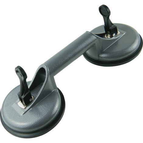 Double ventouse de transport – Capacité 80 kg – Base aluminium – Semelles caoutchouc Ø120 mm – Verrouillage par leviers – Pour carreaux, vitres, panneaux non poreux