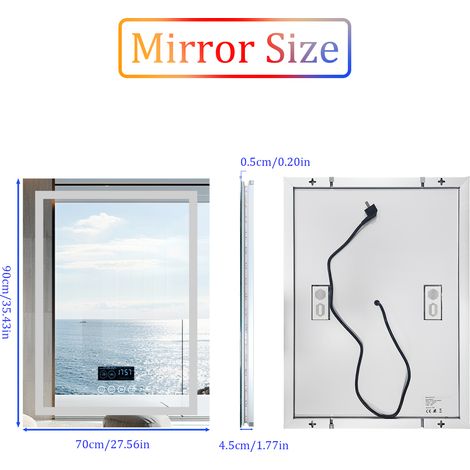 Luvodi – Miroir salle de bain LED Bluetooth 70×90 cm – Rectangulaire anti-buée – 3 couleurs de lumière – Affichage heure et température – IP56