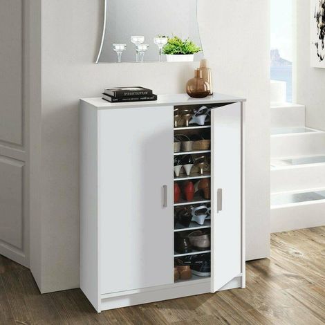 Armoire à usages multiples, Meuble à chaussures avec 2 portes, Meuble bas avec 6 étagères, Meuble à chaussures bas moderne, cm 75x36h101, Blanc (1/5)