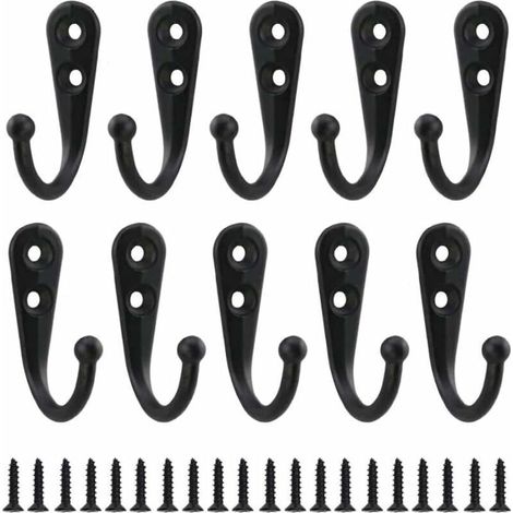 YMYNY Lot de 10 crochets muraux rétro en métal noir, crochets à vis simples, fixation murale vintage pour peignoirs, étagères, tiroirs, casiers, salle de bain avec 20 vis