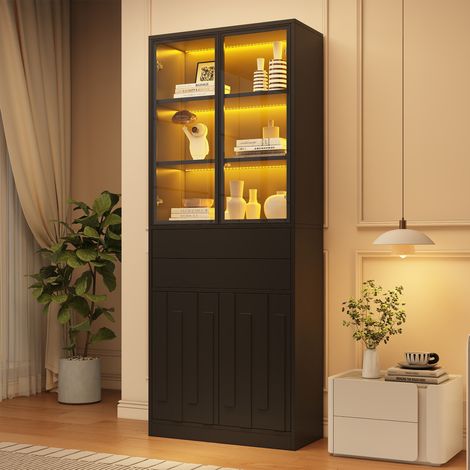 Vitrine LED Meuble de Rangement 2 Tiroirs et Portes en Verre Trempé pour Salon Bureau Salle à Manger Noir Mat 70x34x180 cm (1/5)