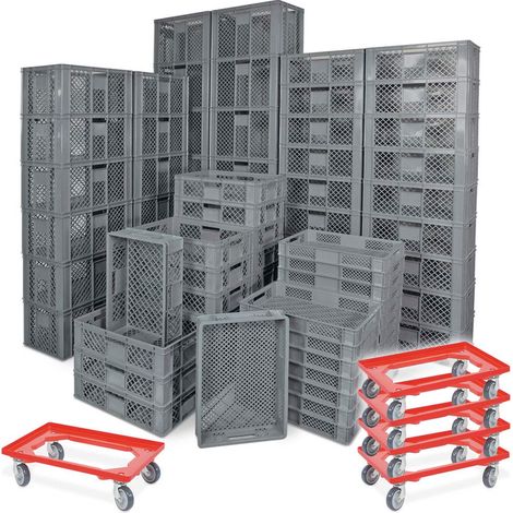 BRB 78 Stück Stapelkörbe/Bäckerkästen in 5 Größen, Grundmaß LxB 600x400 mm, H 90 mm, 150 mm, 240 mm, 320 mm, 410 mm, + 5x Transportroller rot (grau)