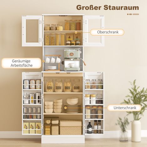 Armoire de cuisine, étagère réglable, plan de travail, portes en acrylique, passe-câbles, pour salon, cuisine, salle à manger, MDF, blanc (1/5)