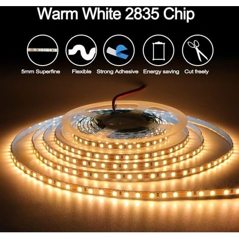 Bande LED 12V, 1cm de large, Bande LED 3000K 5M Blanc Chaud 2835 IP65 120 LEDs/M, Total 600LEDs Bande Lumineuse LED pourChambre, Décoration de Cuisine (1/3)