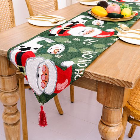 Chemin de Table Noël Vert 180x35cm - Avec Glands et 6 Mini Chapeaux Père Noël, Décoration Festive Table (1/5)