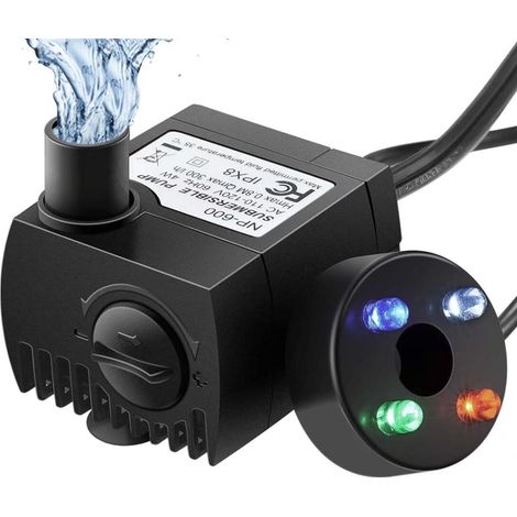 MINKUROW Aquariumpumpe mit 4 bunten LED-Leuchten, 300 l/h Wasserpumpe widersteht Trockenbrand (48 Stunden), Teichpumpe für Aquarium, Teich, Springbrunnen, Garten, kein Lärm (1/5)
