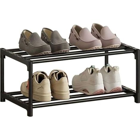 Étagère à chaussures à 2 niveaux, rangement, revêtement antirouille, compacte, fine et étroite, empilable, idéale pour les chambres d'étudiant, les appartements en location et les balcons, noire (1/4)