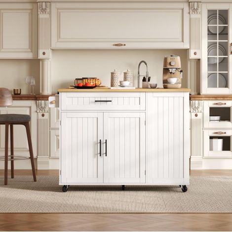 Isola cucina mobile bianca in MDF con piano ribaltabile e ruote bloccabili OKWISH (1/5)