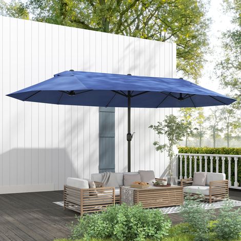Outsunny Doppelsonnenschirm 455 x 265 cm, UV Schutz Sonnenschirm mit Handkurbel, Balkonschirm windfest Kurbelschirm Sonnenschutz für Balkon Garten, Blau