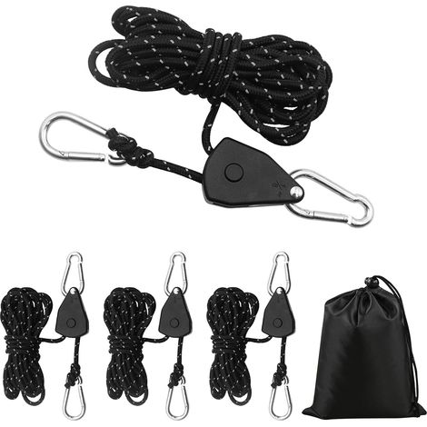 4 Pièces 4m Corde A Cliquet avec Crochets 4mm Corde de Tente Réfléchissante Tendeur Crochets à Cliquet Voile Ombrage Haubans Réfléchissants pour Camping Randonnée Auvents Tentes Bâche(Noir) (1/5)