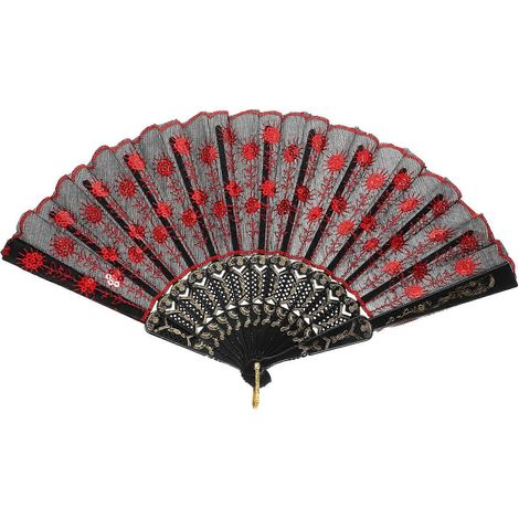 Éventail à paillettes tendance, fait main, pour la danse et les spectacles (rouge)-43.00X23.00X0.10CM-Red (1/4)
