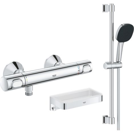 Mitigeur douche thermostatique GROHE Precision Flow + Ensemble de douche 2 jets avec barre + Panier douche