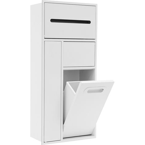 Niche murale de salle de bain - Blanc - Poubelle encastrable en acier inoxydable - Niche intégrée avec support pour papier toilette et brosse - 30 x 14 x 65 cm (1/5)
