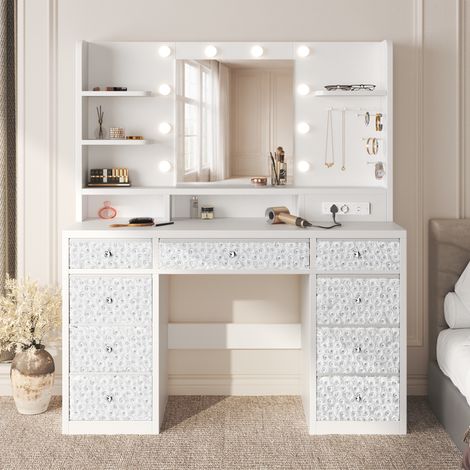 Grande Coiffeuse Blanc avec Miroir LED, 110 × 40 × 144 cm,Multiprise, 9 Tiroirs, 10Ampoules, Rangement étagère bijoux (1/5)