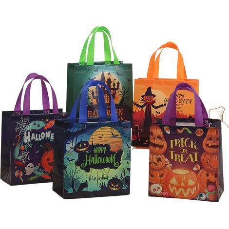 Lot de 24 sacs à bonbons d'Halloween avec poignées, réutilisables pour les cadeaux et fournitures de fête, 23 x 22 x 11 cm, bleu, violet, vert, orange, noir (1/5)