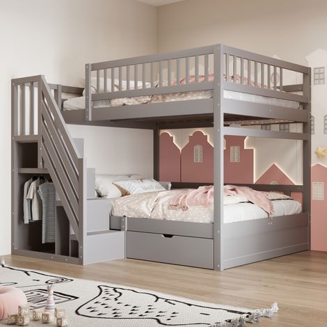 Lit superposé bois massif 140x200 cm barrière sécurité haute sommier lattes échelle rangement tiroirs gris