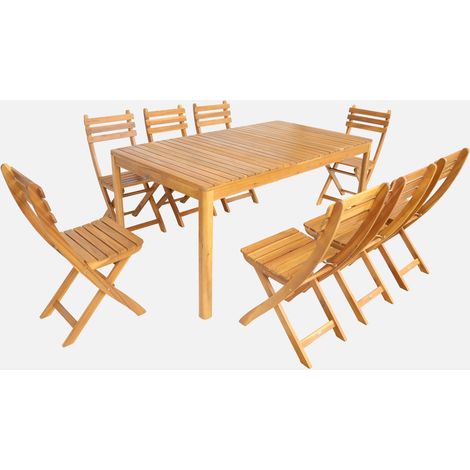 Set tavolo da giardino in acacia con angoli arrotondati con 8 sedie