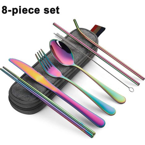 Couteau Fourchette Cuillère Baguettes Paille Réutilisables En Acier Inoxydable Avec Boîtier De Transport Pour Camping Et Voyage 8 Pièces (1/5)