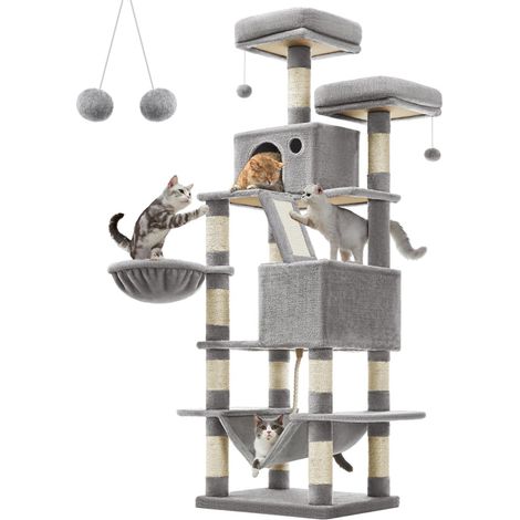 Arbre à chat grande tour de jeux hauteur 168 cm avec 13 griffoirs 1 planche à griffer 2 plate-forme 2 niches panier hamac pompons tissu peluche multi-niveaux gris