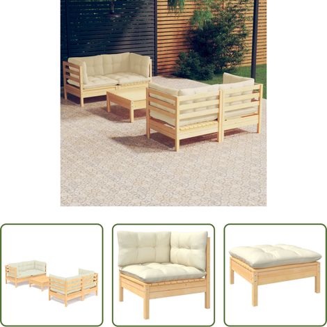 Canapé d'angle - Salon de jardin 5 pcs avec coussins crème bois de pin (1/5)