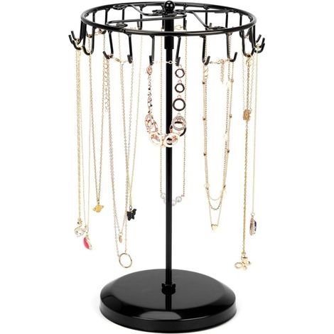 Porte Bijoux Rotatif en Métal Noir 23 Crochets, H35 x L18 cm, Tour de Presentoir Bijoux, Porte Collier Bracelets Bagues et Boucles d’Oreilles