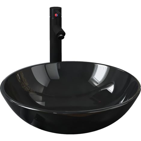 Lavabo de baño diámetro 42 cm con grifo y pulsador de desagüe cristal templado negro 020002855 (1/5)