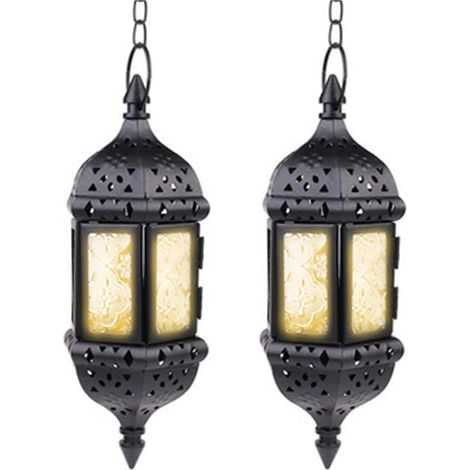 Lanterne À Bougie Suspendue Bougies Chauffe-Plat Marocaines Lanternes 2 Pièces Métal Vintage pour Bougies, Lanternes Jardin Noires Photophores pour Décorations de Noël Ramadan Halloween (1/5)