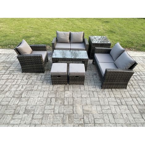 Fimous 7pcs Rattan Outdoor Garden Furniture Sofa Set with Coffee Table Side Table 2 Small Footstools Dark Grey Mixed (1/5)