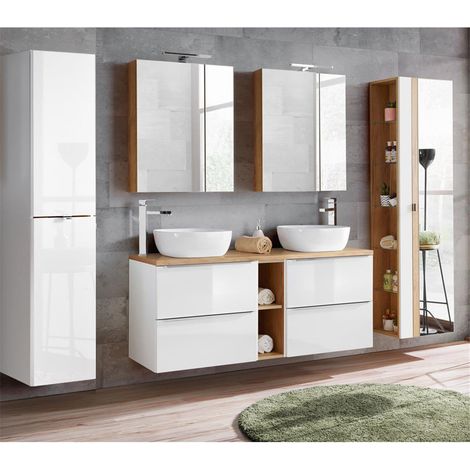 Badmöbel Set mit Doppel-Waschtisch inkl. 2 Keramik Aufsatzbecken TOSKANA-56 Hochglanz weiß, Wotaneiche BxHxT ca. 260/190/46cm (1/5)