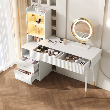 Tocador con espejo LED de 3 colores, 4 cajones, armario con puerta de vidrio, blanco HAVRYA (1/5)