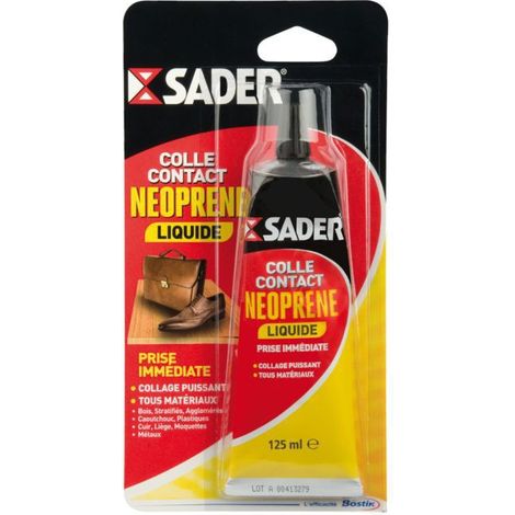 Sader – Colle néoprène liquide 125ml – Prise immédiate et définitive – Haute résistance à l'humidité et chaleur +110°C – Pour bois, métal, caoutchouc, cuir (1/5)
