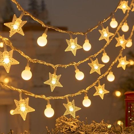 Guirlande lumineuse étanche - Décoration de fête - Blanc chaud - [À piles] 3 m 20 lumières (clignotantes) - Étoiles + Boules à bulles (1/4)