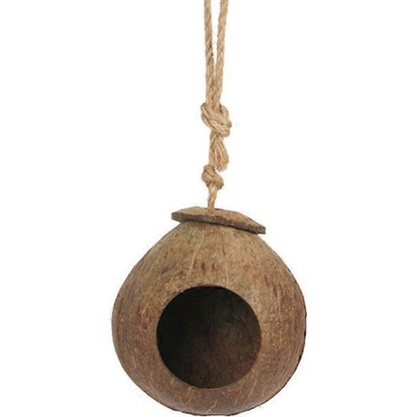 Corde suspendue nichoir en coquille de noix de coco avec perchoir et échelle pour perroquets, abri naturel pour oiseaux.