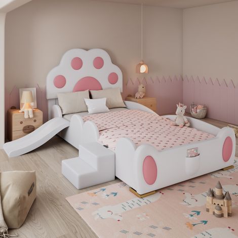 Kinderbett Polsterbett PU Weiß/Rosa 90x200 cm mit Rutsche, Leiter und Lattenrost (1/5)