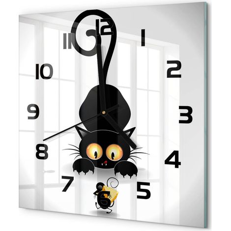 Horloge Murale Carrée Facile à Lire en Verre Silencieuse Salon Cuisine Bureau Chat et souris 30x30 cm (1/5)