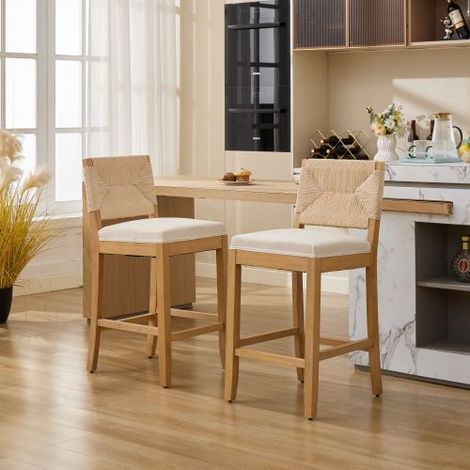Tabourets de Bar en Rotin, 50 x 44 x 98 cm, Set de 2, Assise 68 cm, en Rotin Tressé Main, avec Ressorts S, Beige (1/5)