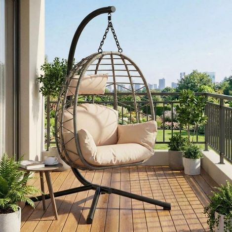 Hängesessel Rattan mit Metallgestell, klappbar, wetterfest, 150kg, inkl. Abdeckung (1/5)