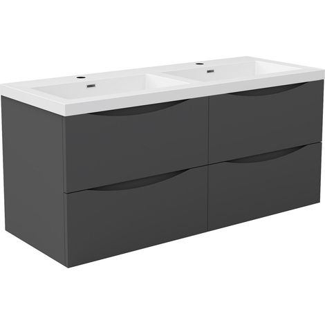Meuble de Salle de Bain Suspendu Anthracite Mat 120cm avec 4 Tiroirs Silencieux, Vasque Résine, Résistant à l'Humidité, Design Moderne