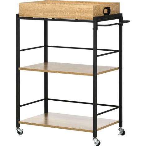 Chariot de cuisine à 3 niveaux avec plateau amovible et roulettes pivotantes, style industriel, 72 x 40 x 94 cm, bois et noir