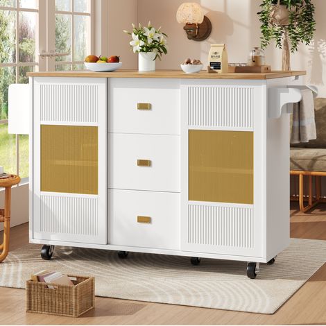 Carrito de cocina sobre ruedas 146,85x70x90 cm con bandeja abatible, 3 cajones, en MDF y metal, blanco (1/5)