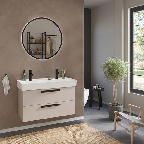 Badmöbel Set 2-teilig Waschtisch für 2 Armaturen, Spiegel rund, in Beige - ATELLA-03 (1/5)