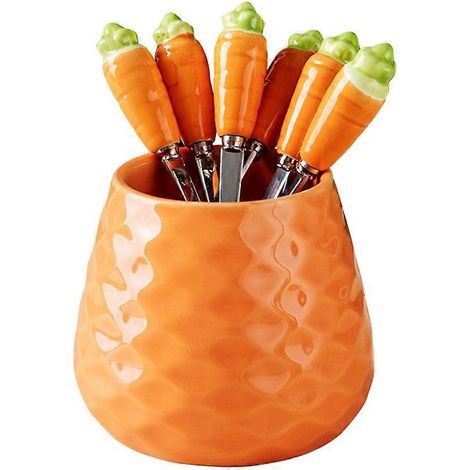 Mignon céramique pot fruits fourchette lot 304 inox cake fourchette maison fête dessert fourchette mignon rangement pot (1/5)